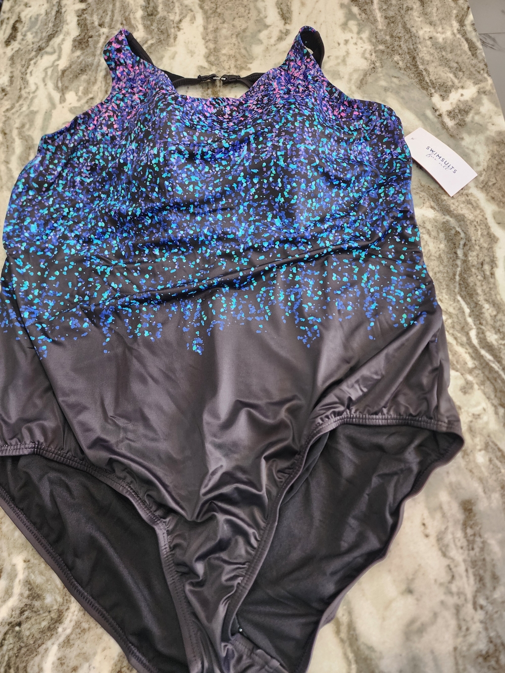 Swimsuits For All Black One-Piece Swimsuit with Blue and Purple Speckle New
